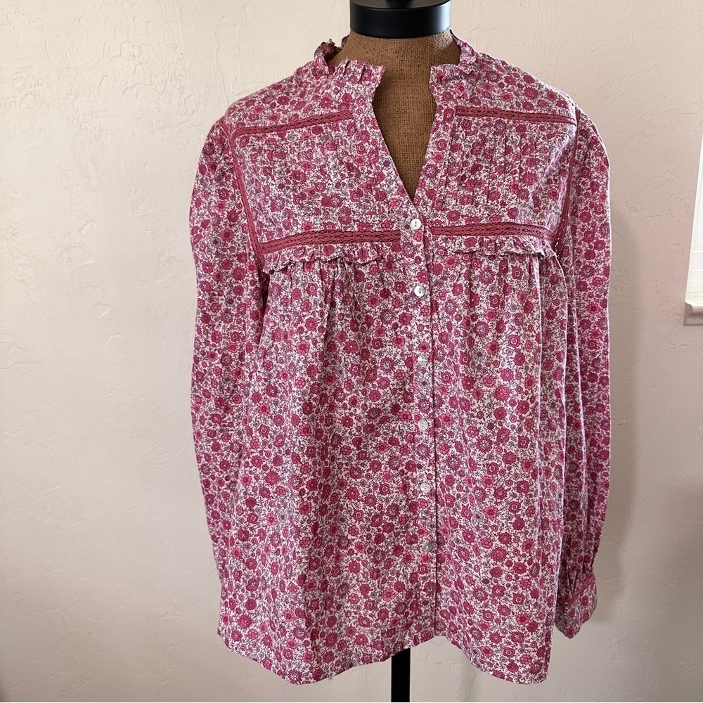 NWT Mercer & Madison button front smocked lace floral calico ruffle blouse Large